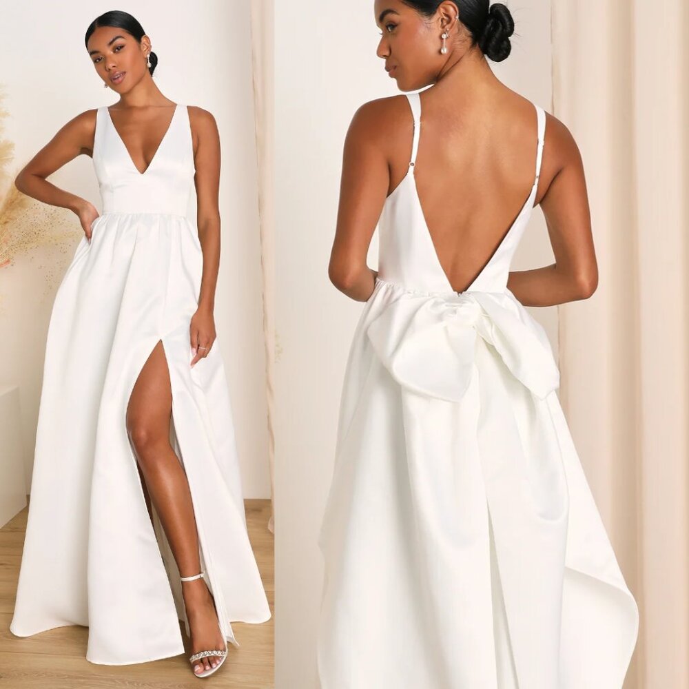 Lulus Blissfully Ivory Backless A-Line Bow Wedding Dress -MAKE ME AN OFFER -